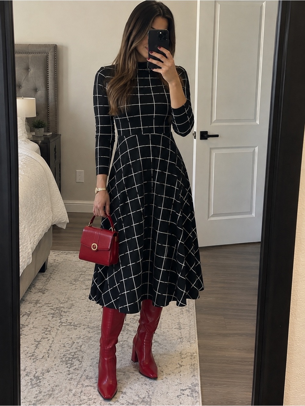 Black Windowpane Midi Dress with Long Sleeves